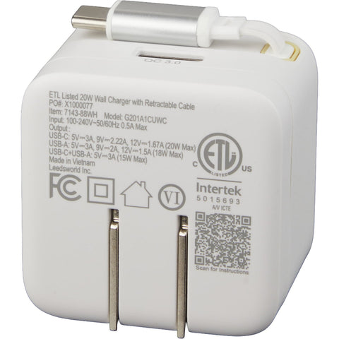 ETL Listed 20W Wall Charger with Retractable Cable