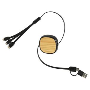 000715 Bamboo Retractable 3-in-1 Charging Cable with Dual Inputs