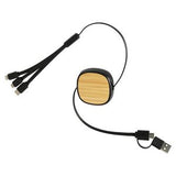 000715 Bamboo Retractable 3-in-1 Charging Cable with Dual Inputs