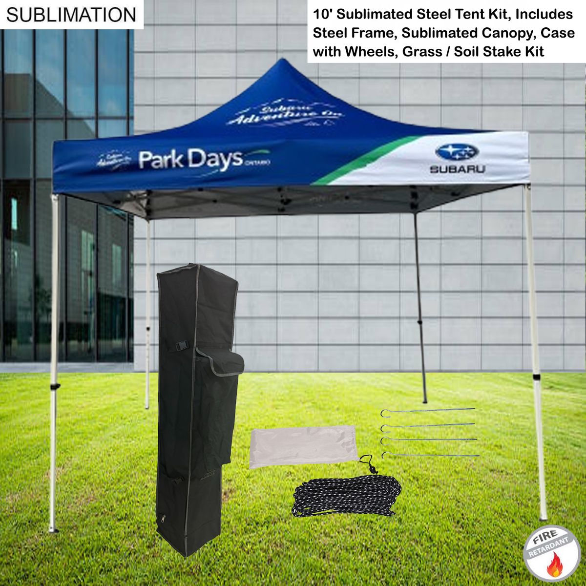 10' Steel Tent Kit, Includes Steel Frame, Sublimated Canopy, Case, Grass Stake Kit