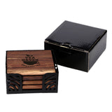 4 Pc. Acacia Wood Square Coaster Set with Black Metal Stand