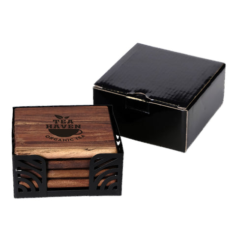 4 Pc. Acacia Wood Square Coaster Set with Black Metal Stand