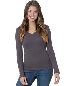 BAYSIDE Ladies' USA Made Long-Sleeve Deep V-Neck T-Shirt
