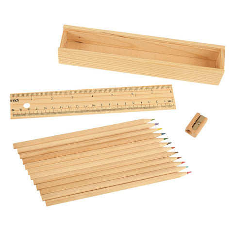 12- Piece Colored Pencil Set In Wooden Ruler Box