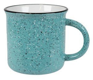 Fireside 16oz speckled aqua/white mug with black trim in a Ripple gift box