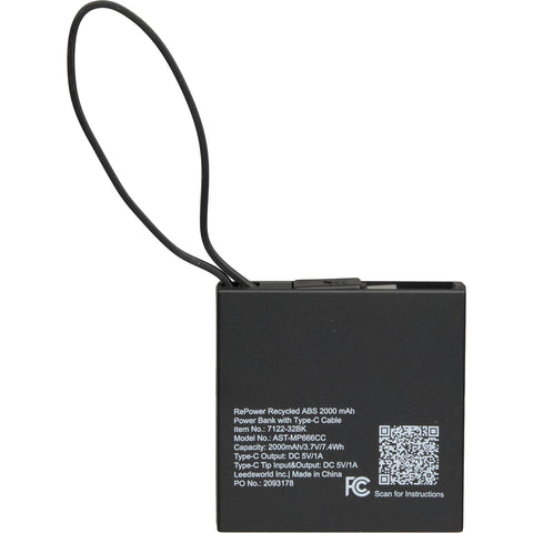 Recycled ABS 2000 mAh Power Bank with Type-C Cable