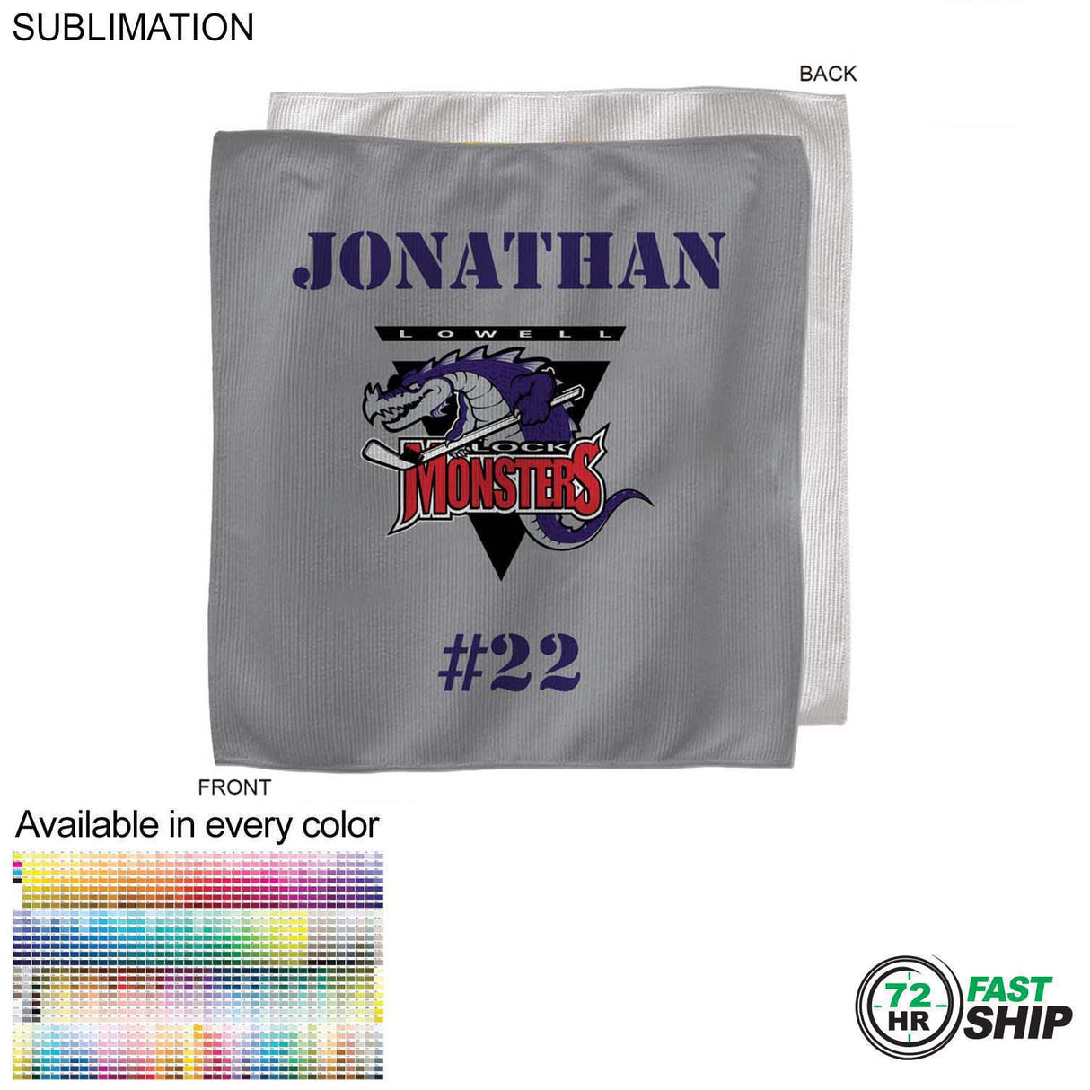 72 Hr Fast Ship - Team Towel in Microfiber Dri-Lite Terry, 15x15, Sublimated sweat towel