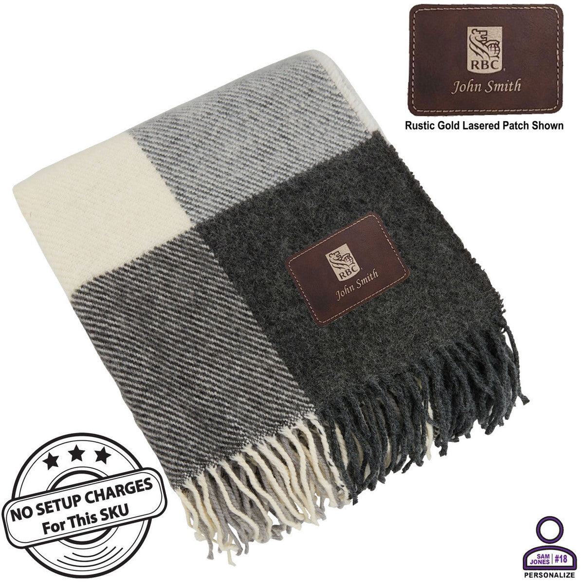 Personalized Plaid Wool Blanket, 50x60, with Lasered logo patch, NO SETUP CHARGE