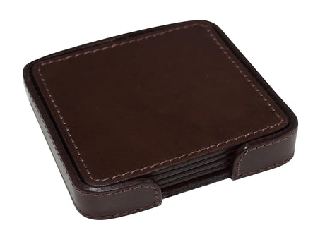 Set of 4 Genuine Leather Square Coasters with Stitched Edge in Holder - brown