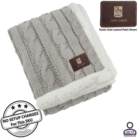 Personalized Cable Knit Chenille Sherpa Throw, with Lasered logo patch, NO SETUP CHARGE