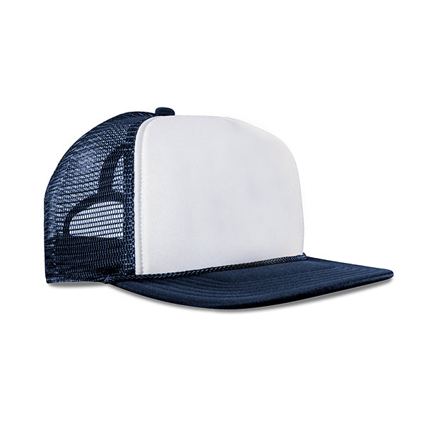 White 5-Panel Poly Foam Mesh Trucker Cap w/Flat Bill (2-Tone)
