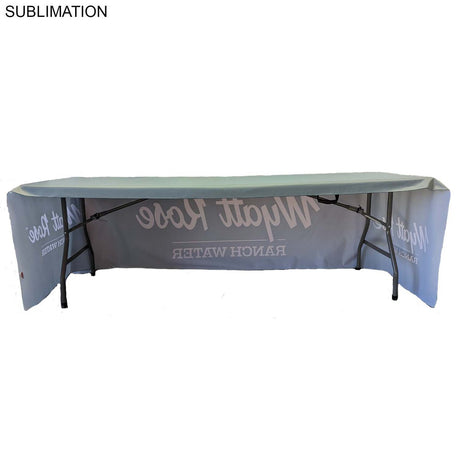 72 Hr Fast Ship - Sublimated PREMIUM Cloth for 8' Table, Drape Style, Open Back, Rounded corners