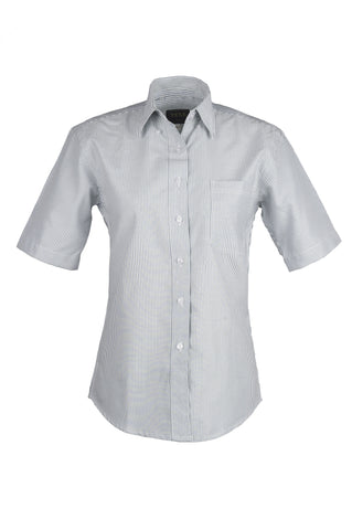 Ladies Cotton Blend Oxford Striped Short Sleeve Shirt (BLACK) (XS-3XL)