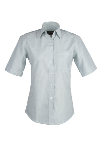 Ladies Cotton Blend Oxford Striped Short Sleeve Shirt (GREEN) (XS-3XL)