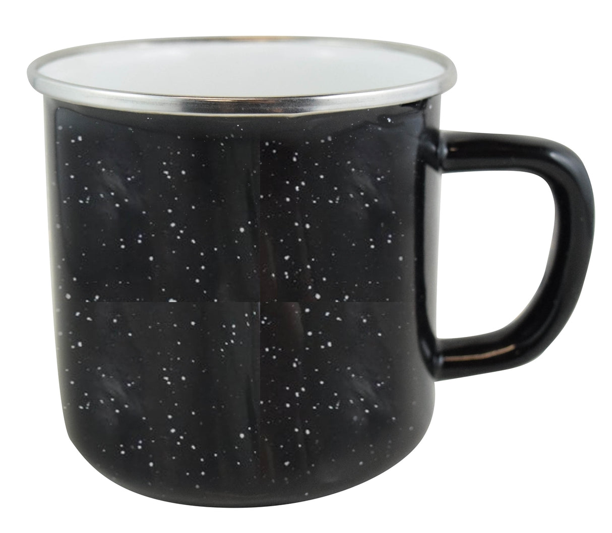 Happy Camper enamel 18oz mug w/SS rim black with white dots