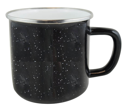 Happy Camper enamel 18oz mug w/SS rim black with white dots