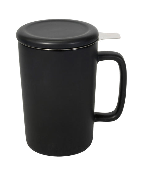 Ceylon 13oz black ceramic mug with lid & stainless steel tea strainer in Ripple gift box