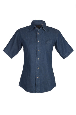 Ladies Double-needle indigo top stitching denim shirts (XS-2XL)