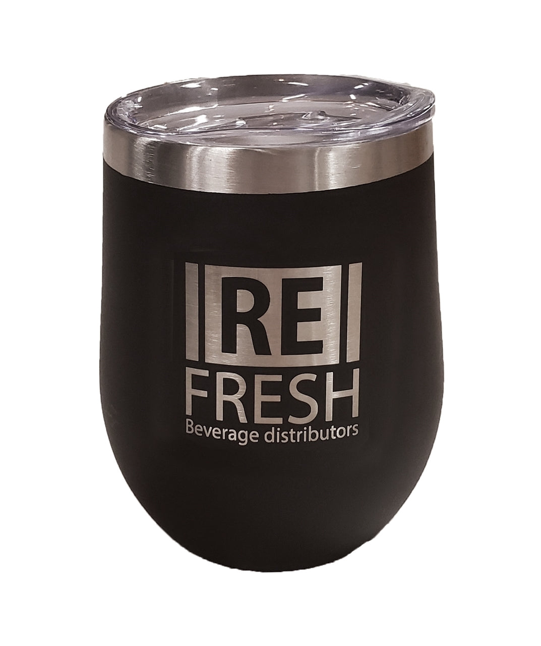 Calico 12oz stemless vacuum insulated steel cup, matte black w/clear lid- Etch