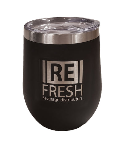 Calico 12oz stemless vacuum insulated steel cup, matte black w/clear lid- Etch