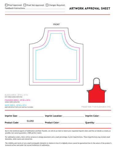 Domestic made Bib Apron, 25x28, No pockets, Adjustable Neck, Sublimated, White or Stock Colored Ties