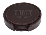 Set of 4 Genuine Leather Round Coasters with Stitched Edge in Holder - brown