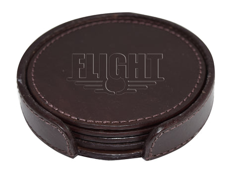 Set of 4 Genuine Leather Round Coasters with Stitched Edge in Holder - brown