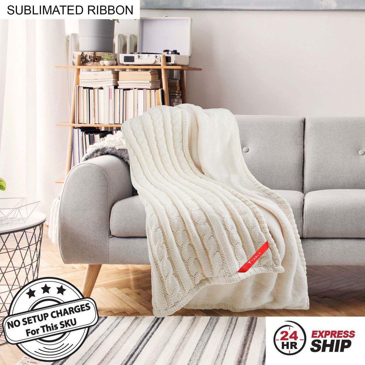 24Hr Express Ship - Premium Cable Knit Cotton Throw, 50x60, with Sublimated Ribbon, NO SETUP CHARGE