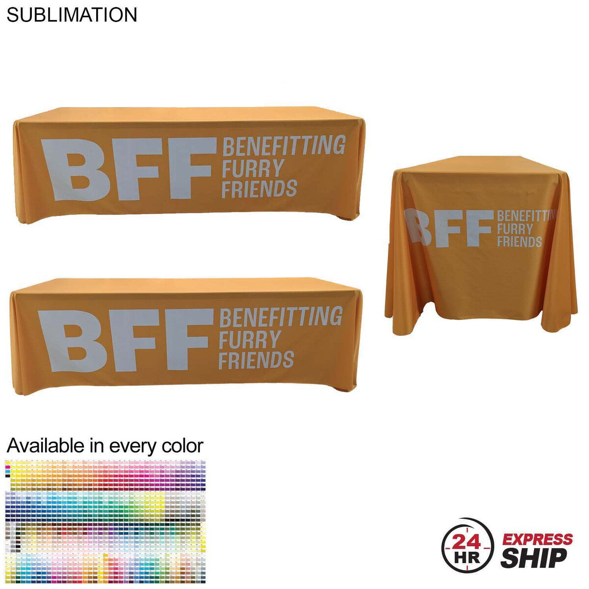 24Hr Express Ship - Sublimated PREMIUM Cloth for 8' table, Drape style, Closed Back, Rounded Corners