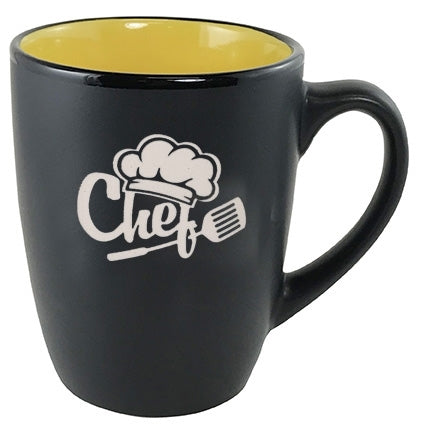 Cottager 12oz matte black mug with yellow interior - Etched