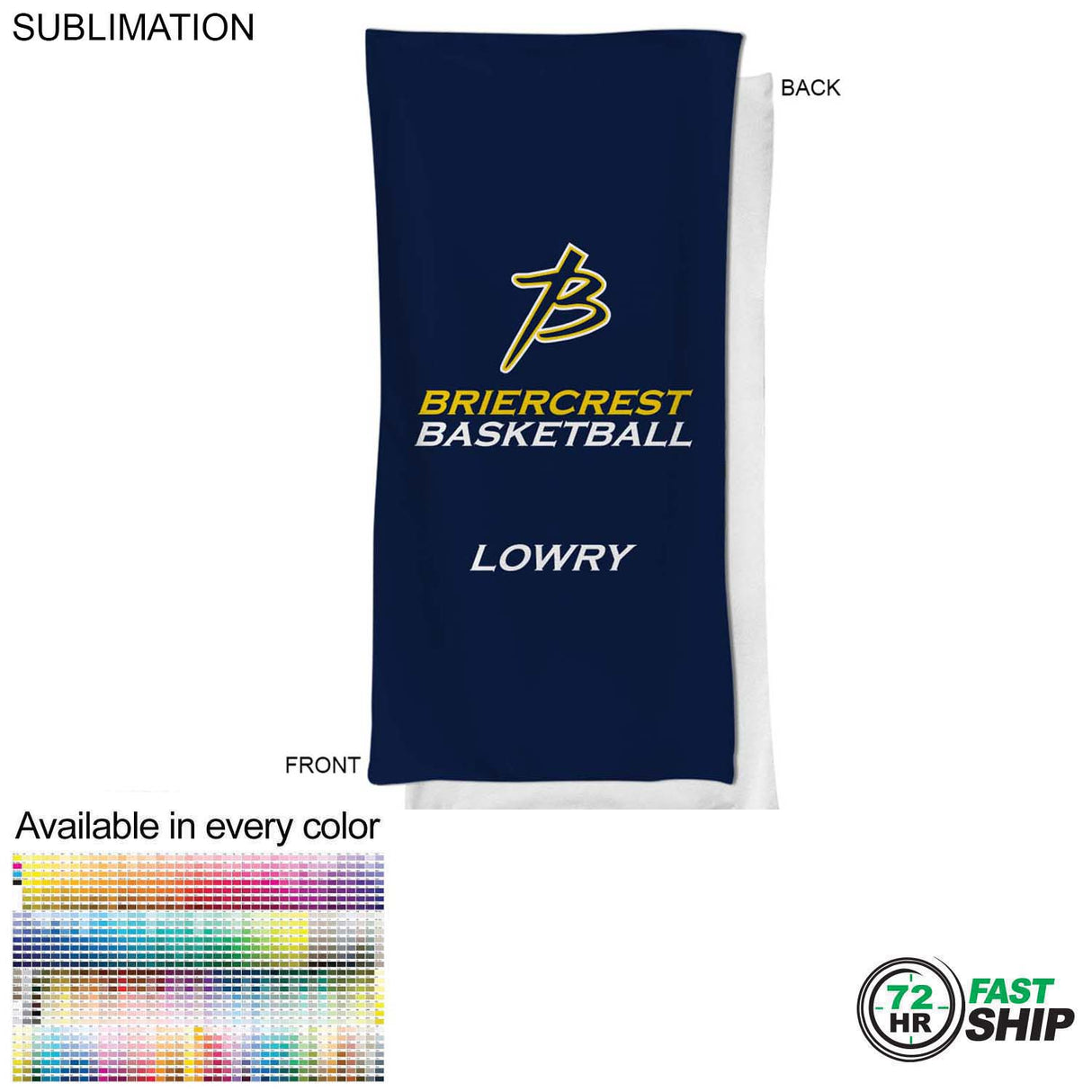 72 Hr Fast Ship - Team Towel in Microfiber Dri-Lite Terry, 20x40, Sublimated bench, neck towel