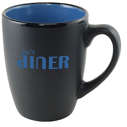 Cottager 12oz matte black mug with sky blue interior
