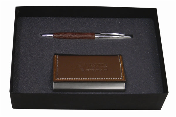 Brown Executive card holder & Leather Croco pen Set