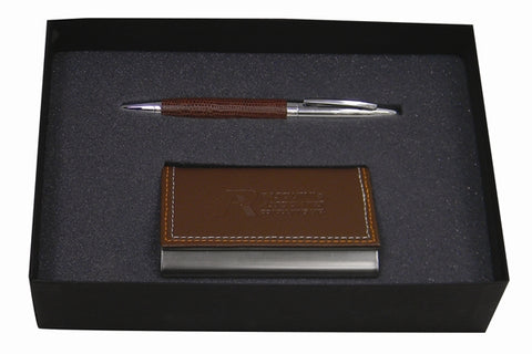 Brown Executive card holder & Leather Croco pen Set