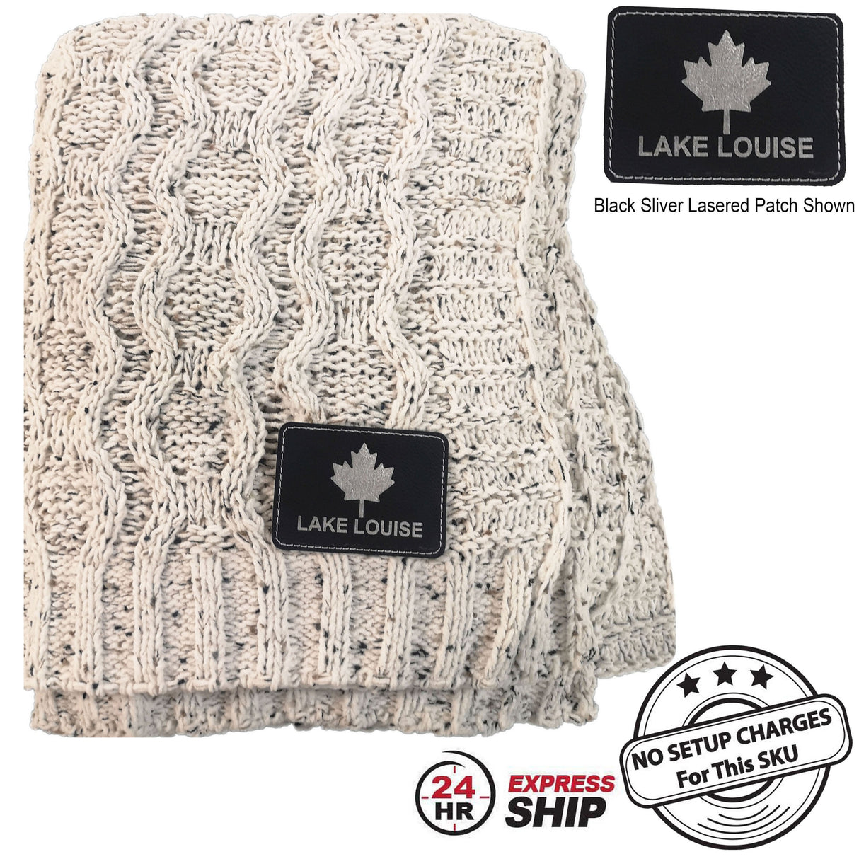 24 Hr Express Ship - Heather Cable Knit Chenille Blanket, 50x60, with Lasered logo patch