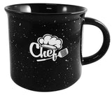 Campfire 16oz black mug with black distress trim white speckles in Ripple gift box - Etched