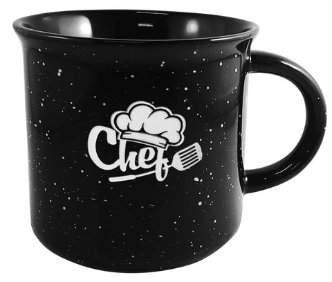 Campfire 16oz black mug with black distress trim white speckles in Ripple gift box - Etched