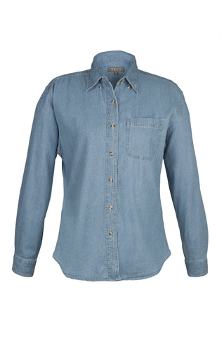 Ladies Long Sleeve Single Pocket Light Denim Shirt (XS-3XL)