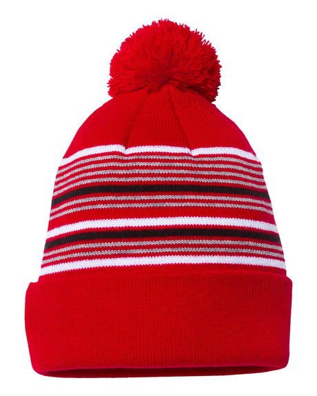 000466 Sportsman 12" Striped Pom-Pom Knit Beanie
