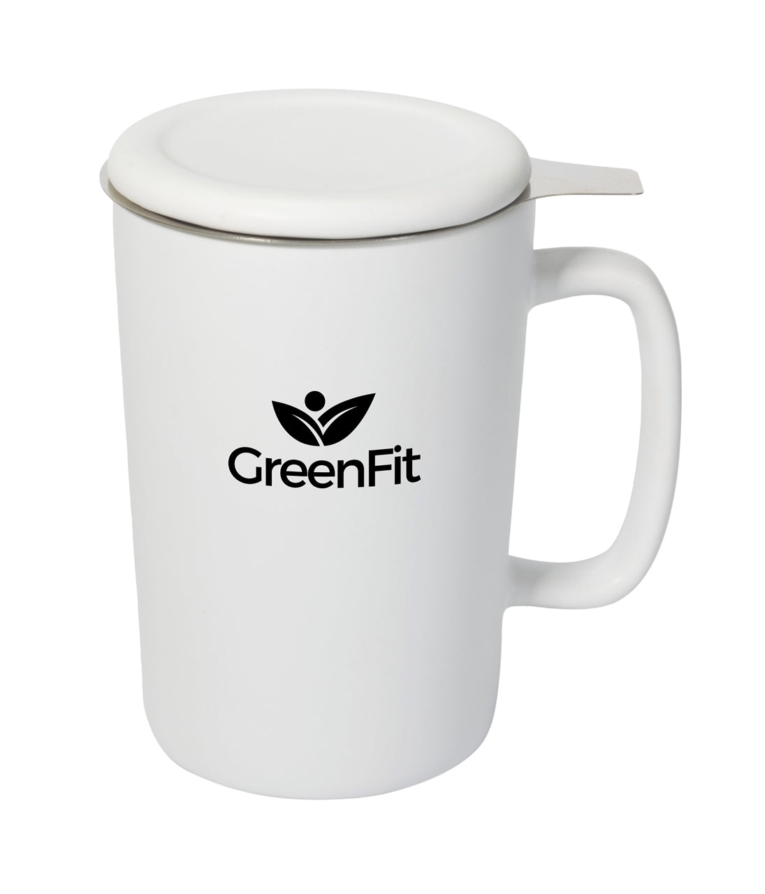 Ceylon 13oz white ceramic mug with lid & stainless steel tea strainer in Ripple gift box