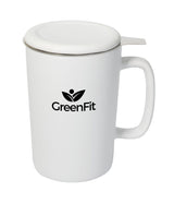 Ceylon 13oz white ceramic mug with lid & stainless steel tea strainer in Ripple gift box