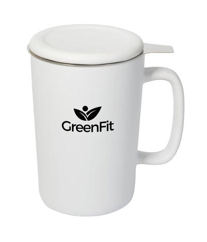 Ceylon 13oz white ceramic mug with lid & stainless steel tea strainer in Ripple gift box