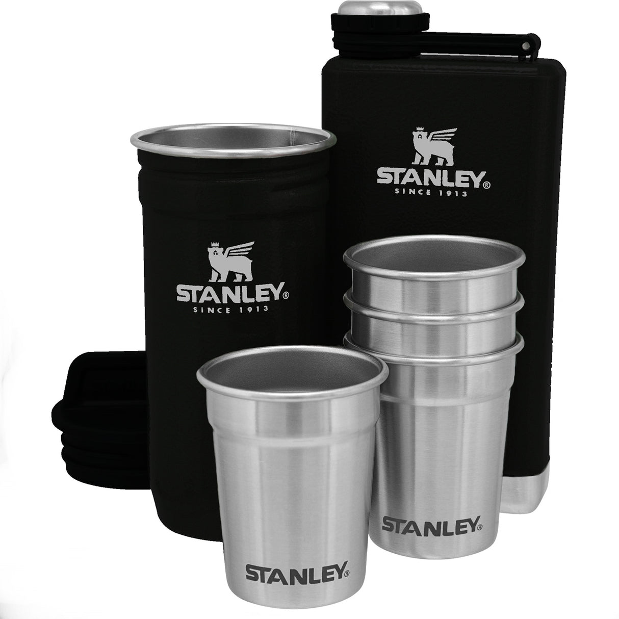 Stanley® Adventure 8oz flask & holder, 4- 2oz SS shot glasses set black