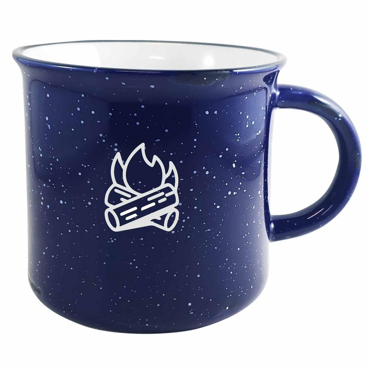 Campfire 16oz cobalt/white mug with black distress trim white speckles in Ripple gift box