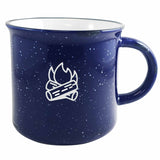 Campfire 16oz cobalt/white mug with black distress trim white speckles in Ripple gift box