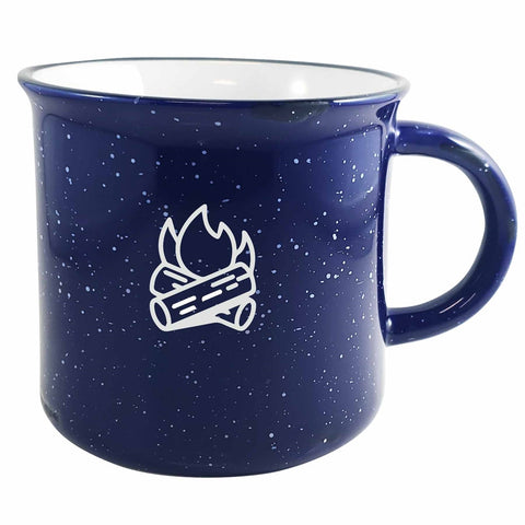 Campfire 16oz cobalt/white mug with black distress trim white speckles in Ripple gift box