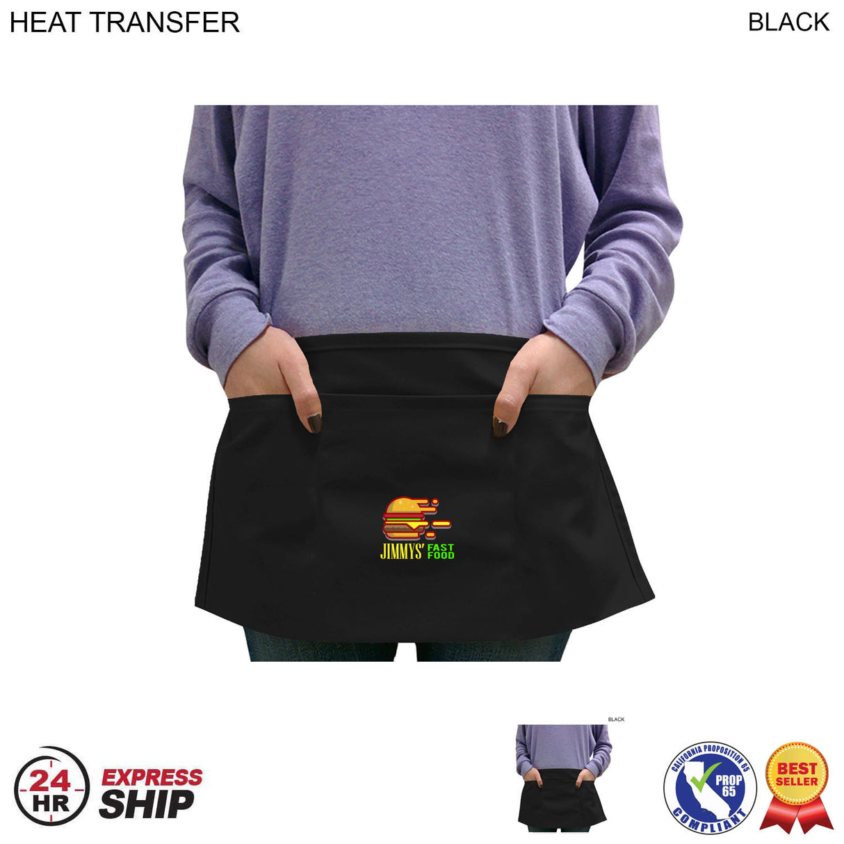 24 Hr Express Ship - Bar Twill Waist Apron, 20x10, 3 Pockets, Heat Transfer logo, Stocked in Black