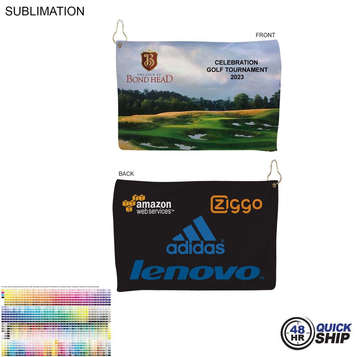 48Hr Quick Ship - Microfiber Suede Shammy Golf Towel, 12x18, Nofold Grommet and Hook, Sublimated
