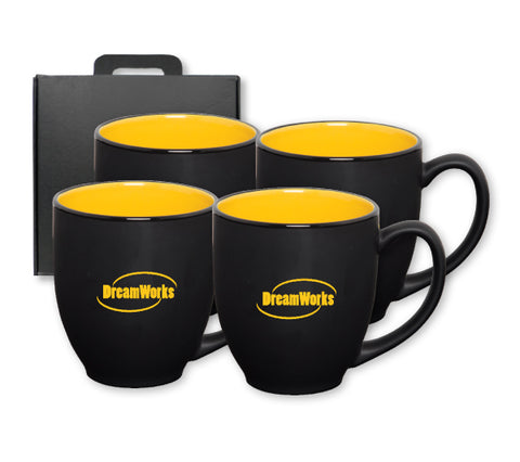 ~ Bistro 16oz 2tone black/yellow mug S/4 in Raven gift box