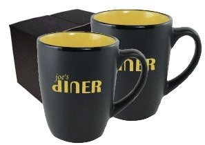 ~Cottager 12oz matte black mug with yellow interior S/2 in Mystique gift box